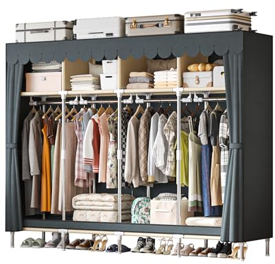 LEAIJIAFY Large Portable Armoire Wardrobe Closet with 4 Hanging Rods and Lockers,Metal Storage Wardrobe Clothes Rack with Dust Cover for Clothes,16.7 in Wide,Bedroom,Gray (Grey, 77.5 in)