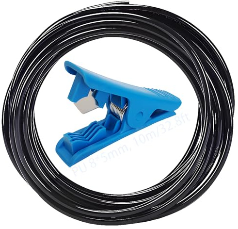 CESFONJER Pneumatikschlauch, Polyurethan-Luftkompressorschlauch mit blauem Rohrschneider, schwarzer PU-Schlauch 10 m, verwendet für die Gasquellenübertragung (OD 8 mm x ID 5 mm)