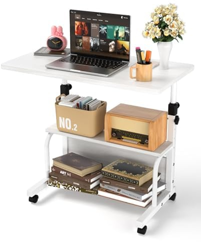 QZMDSM Portable Desk with Wheels Small Standing Desk on Wheels Adjustable Height Rolling Desks for Small Spaces, 32 Computer Desks with Storage Shelves for Home Office Study White
