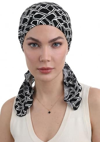 Deresina Headwear Bandeau Pré-Noué en Bambou, Fourlard Chimio Femme, Bonnet, Turban Chimiotherapie (Patterned Black)