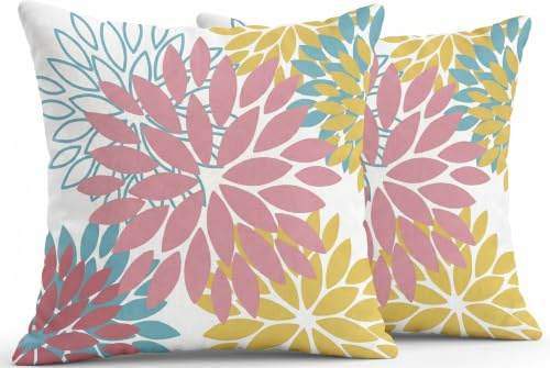 JANGYUHH Housse de Coussin 40x40 cm Moderne Dahlia Coussin Décoratives Recto-Verso Motif Fleurs Roses Jaunes Bleues Coussin de Canapé Coussin D'extérieur Lin pour Canapé Jardin Salon Lit Lot de 2