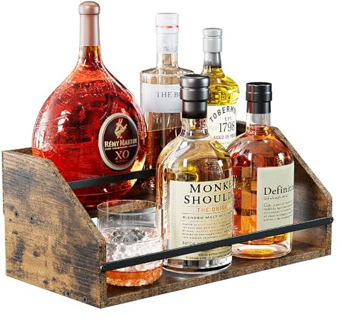 Nuovoware Liquor Bottle Display Shelf, Coffee Syrup Organizer, 2 Step Countertop Liquor Wine Rack, Home Retro Shelf Stand for Mini Bar, Cabinet, Bar Essentials for Whiskey, Spirits, Wooden
