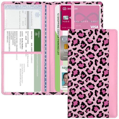 Kakurookie Car Registration and Insurance Holder, with Magnetic Closure for License, Cards and Documents, All Vehicle Needs and Car Accessories (Leopard-Pink)