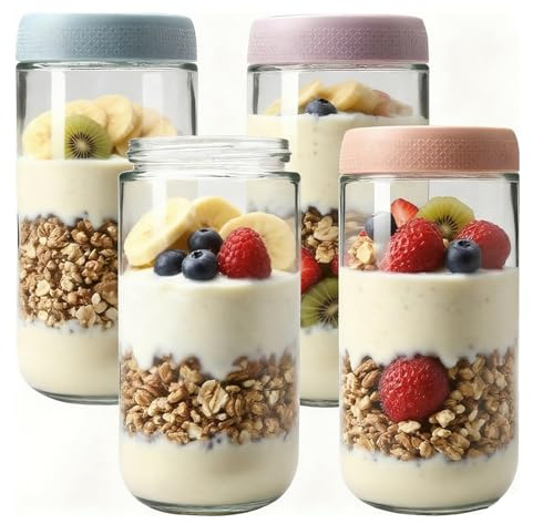QinOustore Overnight Oats - 4 vasetti da 750 ml, Mealprep con tappo a vite, contenitori in vetro per Overnight Oats, yogurt, marmellata
