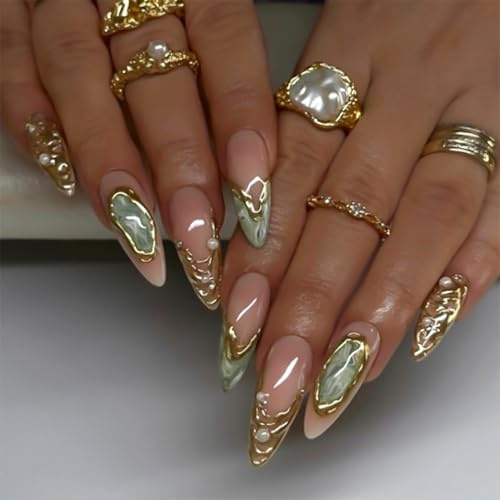 Celblisora 24 Stück mittellange Press-on-Nägel, mandelförmige Kunstnägel,Künstliche Nägel mit Designs,Vollständige Abdeckung,Zum Aufkleben der Nägel,Glitzernde Kunstnägel