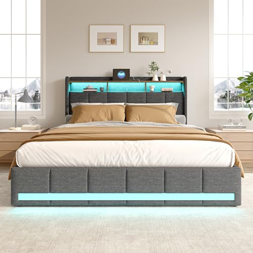 Letto Matrimoniale Imbottito con Luci a LED 160x200 cm, Struttura Letto Matrimoniale con 4 Cassetti et USB LED, in Lino, Letto con Contenitore, Supporto a Doghe in Legno, Senza Materasso, Grigio