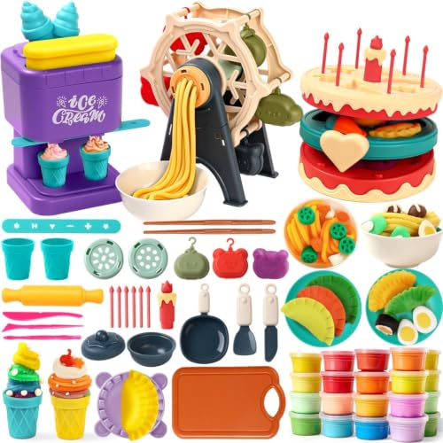 Tacobear Knete Zubehör ab 3 Jahre Knete Set Knetwerkzeug für Kinder, Eismaschine Nudelmaschine Kuchenmaschine mit 24 Farben Knetmassen Kitchen Creations Kinderknete Spielzeug Junge Mädchen Geschenk