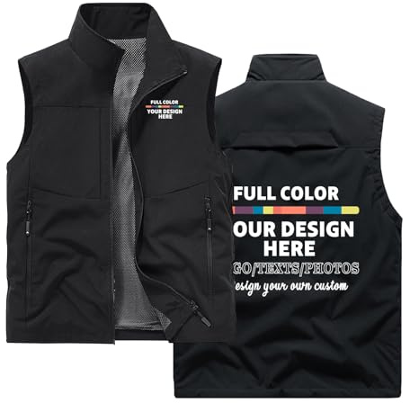 WUWWUT Gilet utilitaire avec logo personnalisé pour homme, gilet de pêche multipoches personnalisé, veste sans manches respirante pour la randonnée, le camping, Noir , XXL
