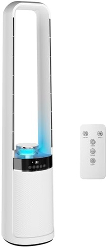 HOMCOM Ventilatore a Torre Senza Pale per Camera da Letto, Silenzioso 36dB, con Oscillazione a 45°, Luci LED, 3 Velocità, Timer 12H, Telecomando, 94 cm, Bianco
