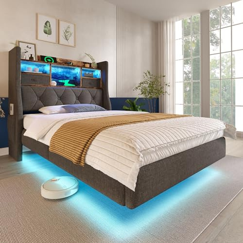 VILUXE Schwebebett 160x200 mit Matratze & LED Grau
