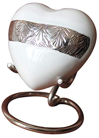 Urna de cremación de corazón pequeña para Cenizas con Tapa Mejorada, Mini urna Conmemorativa de corazón con Caja y Soporte (Blanco y Plateado)