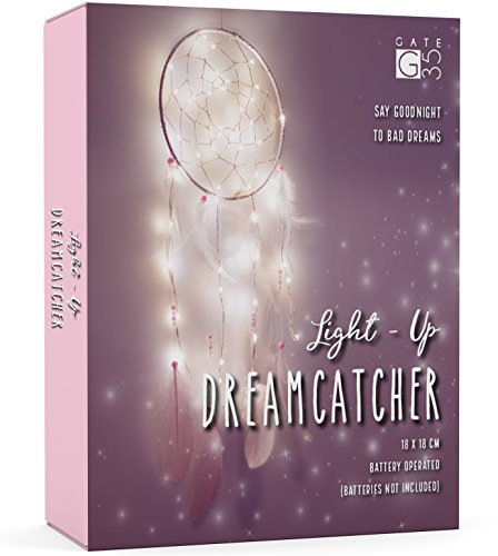 Light Up Dream Catcher Decoration - Pink and White Bedroom Accessory - With Warm LED String Lights - Hanging Dreamcatcher Present Accessories