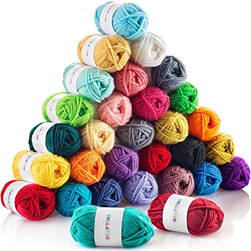 CRAFTISS 30 x 20 g Acrylgarn, Mini-Knäuel, 1300 Meter weiches Garn zum Häkeln und Stricken, Bastelprojekte, sortiertes Starter-Häkelset, Garn für Erwachsene und Kinder