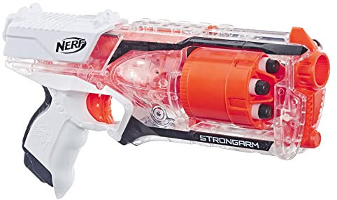 Nerf Elite Strongarm transparenter Blaster – Rotationstrommel, Schnellfeuer, 6 Nerf Elite Darts – für Kinder, Teenager, Erwachsene, 7.3 x 33 x 19.1 cm