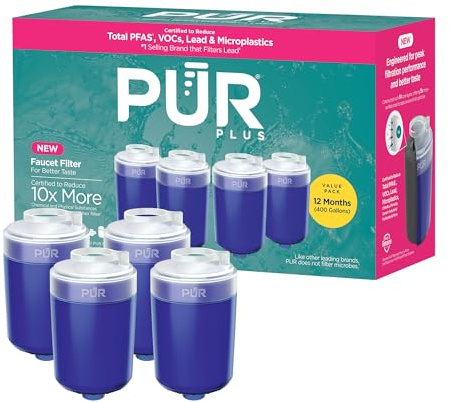 PUR Plus Faucet Mount Replacement Filter 4-Pack, Genuine PUR Water Filter for Sink Faucet, 3-in-1 Mineral Filtration, Lead Reducing, 1-Year Value, Blue (RF99994)