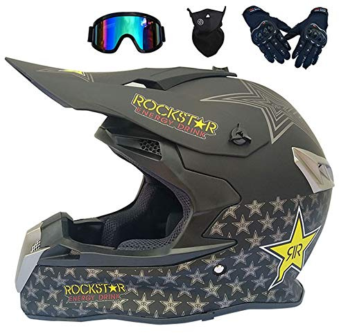 Casco Motocross Nero Rockstar (4 Pcs, Casco Cross/ Occhiali/ Mascherina/ Guanti) Adulto Off-Road Casco Integrale MTB Downhill Moto Enduro Motard Quad Scooter Uomo Donna,M