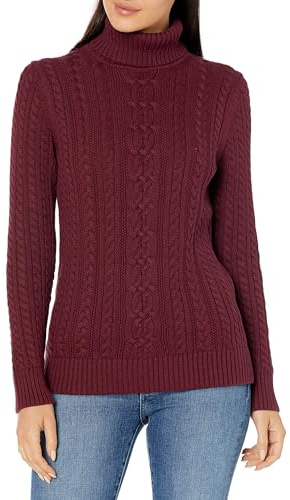 Amazon Essentials Women's Long Sleeve Fisherman Cable Knit Turtleneck Sweater, Cotton (Available in Plus Size), Burgundy, Small