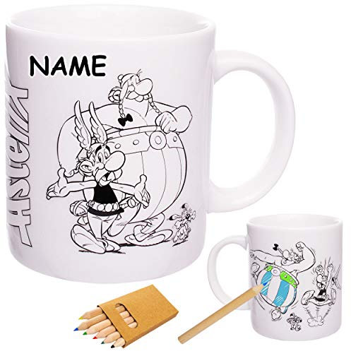 alles-meine.de GmbH 4 Stück Henkeltassen/Kaffeetassen - Asterix - Obelix - Idefix - incl. Name - groß - 340 ml - Porzellan/zum Bemalen inkl. Buntstifte - Keramik - Teetasse..