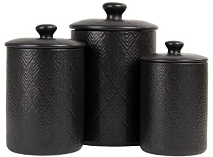 10 Strawberry Street Embossed Marquis Ceramic Kitchen Canister Set, Set of 3, Matte Black