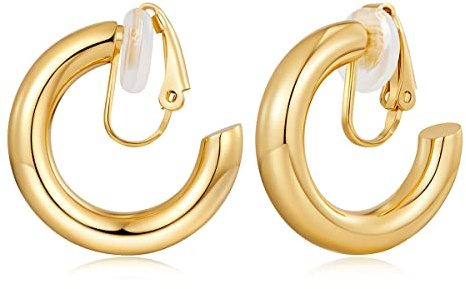 FAMARINE Hoop Clip on Earrings Chunky Tube Hoop Clip on Earrings for Women 14K Gold Plated Minimalistic Round Thick Clip Earring