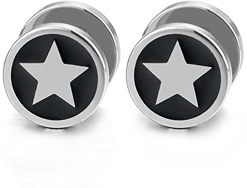 Pentagramma Stella Finto Dilatatore Fake Plug, Cerchio Orecchini da Uomo Donna, Acciaio Inossidabile, 1 coppia