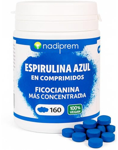 Nadiprem Espirulina Azul en Comprimidos (160 pastillas) de Ficocianina Alta Concentración - Antioxidante Natural Vegano DETOX