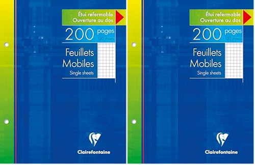 Clairefontaine 1352C Un Étui de Feuillets Mobiles Perforés - 17x22 cm - 200 Pages Petits Carreaux - Papier Blanc 90 g - Étui Réutilisable (Lot de 2)