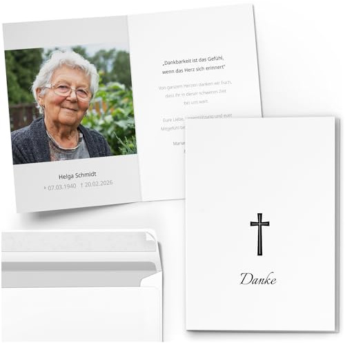 10 personalisierte Trauer Danksagungen Dankeskarten mit eigenem Text und Foto | Individuell anpassbare Danke Trauerkarten mit Briefumschlägen | Karten Kirchlich Kreuz 2