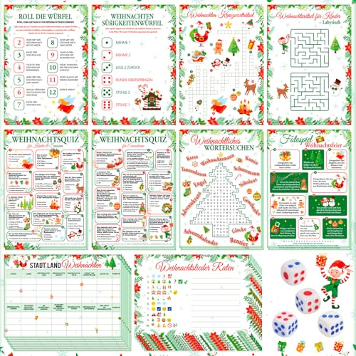 HOWAF Weihnachtsspiel, 50 Blatt Spiele Weihnachten, Weihnachtsquiz, Stadt Land Weihnachten, Weihnachtsrätsel, usw. Gesellschaftsspiele Partyspiel Weihnachten Familienspiele für Erwachsene & Kinder