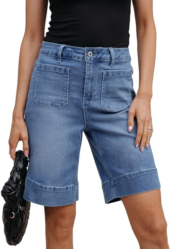 luvamia Bermuda Shorts for Women Trendy Patch Pocket Casual Vintage Women's Blue Retro Shorts High Rise Summer Jorts Medium Blue Size Small