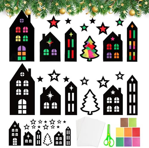 BOOMTOP 12 Weihnachten Basteln Fensterbilder Haus Weihnachtsbaum Sterne Bastelset Kinder Fensteraufkleber Bunte Weihnachten Deko Fenster Sticker Weihnachtshaus Schablonen Winter Silvester Geschenke