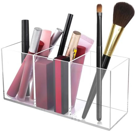 CANCYCC Acrylic Pinselhalter, 3 Fächern Make Up Organizer, Klarer Schminktisch Organizer, Schmink Organizer für Pinsel, Eyeliners, Lippenstift, Schminktisch Zubehör Aufbewahrung, Stiftehalter