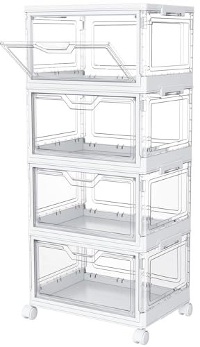 StowBin Storage Boxes with Lid - Plastic Storage Bins with 1 Lid,23L*4 Tier Clear Stackable Storage Boxes with Wheels,Large Bins Organizer for Bedroom Living Room Bathroom,4-Tier&1 Lid