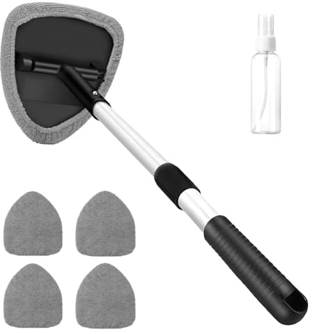 Suevut Car Wash Brush, Car Windscreen Cleaner Tool, Includes 1 Extendable Handle, 3 Reusable Microfiber Pads, and 1 Spray Bottle, Suitable for Cleaning Glass of Sedan, SUV, Truck, RV and Family Car.
