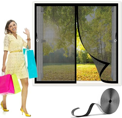 Mosquiteras de Ventanas 156 x 216 cm Cierre Automático Transpirables, Antimosquitos Mosquiteras para Ventanas Abatibles para Puertas de Salón Balcón Corredor, Negro