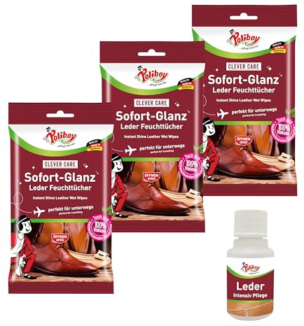 POLIBOY Sofort-Glanz Leder Feuchttücher - Lederreinigungstücher für unterwegs - Für Schuhe & Taschen - Sofortpflege mit Glanzeffekt - 3x 10 Tücher - inkl. Produktprobe - Made in Germany