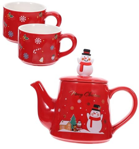 Warmhm Set Da Teiera in Ceramica Portatile Per Natale, Bollitore Piccolo Tazze a Effetto Pupazzo Di Neve, Resistente Al Calore e Salvaspazio Per Ufficio e Casa, Confezione Da 3 Pezzi