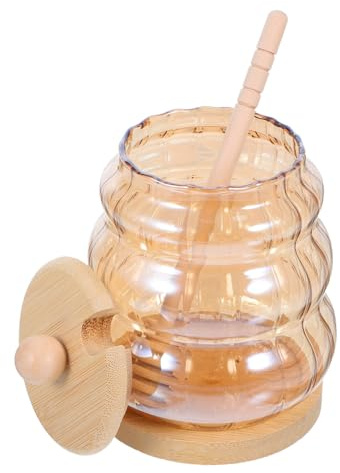 Hoement Frasco de Vidrio para Miel con Tapa y Dipper de Recipiente de Vidrio Borosilicato Resistente al Calor para Miel Mermeladas y Condimentos Diseño Transparente con Tapa