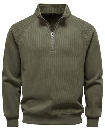 MakingDa Herren-Sweatshirt, Thermo-Fleece, gefüttert, halber Reißverschluss, Stehkragen, Winter-Top, langärmelig, Strickstruktur, warmer Pullover