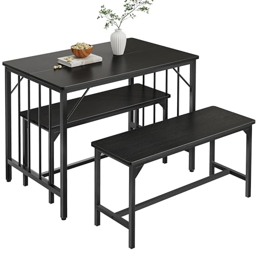 YITAHOME Set di tavolo da pranzo e 2 sedie, set da 3 pezzi per sala da pranzo con panca, tavolo da pranzo salvaspazio per colazione, sala da pranzo, mobili per cucina, appartamento, nero