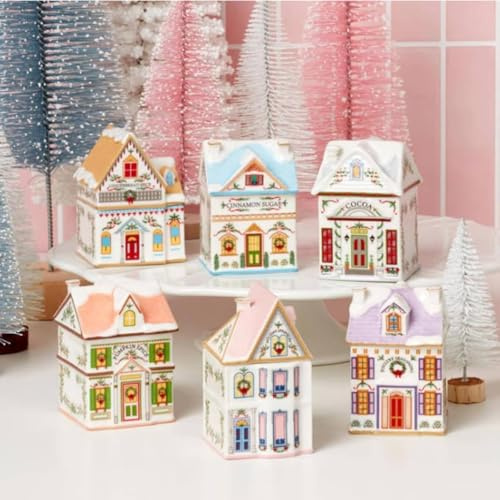 Holiday Village Spice House Set, 6 Mini Christmas Gingerbread Houses Jars, Festive Decor Kitchen Countertop Christmas Candle or Wax Warmer Display Cozy Decoration Coffee Bar Home