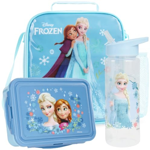 Get Trend Disney Frozen Bolsa Termica Porta Alimentos Set, 3 Piezas Botella de Agua y Bento Box Fiambrera con Compartimentos, Sin BPA, para Colegio, Guarderia y Viajes (Azul Claro Frozen)