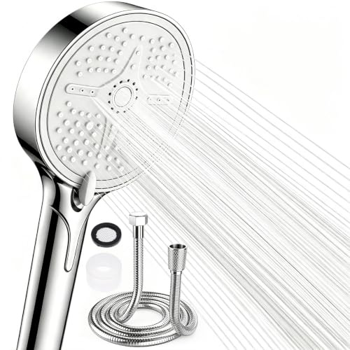TEBOKHAD Pommeau De Douche Haute Pression, Pommeau Douche Anti Calcaire Avec Tuyau 2m, 5 Types De Jets, Tête De Douche Universelle Avec Picots Silicone, Economie Deau, Chromé
