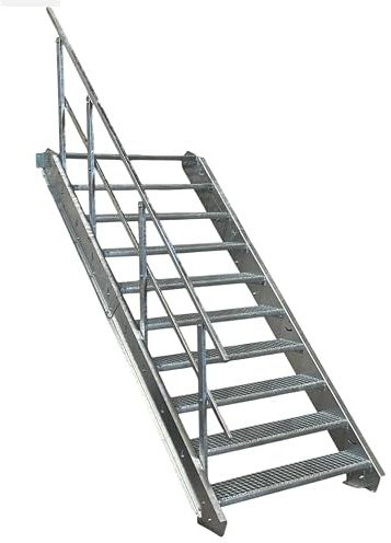 SRM Design 10 Stufen Stahltreppe Breite 100 cm verzinkt 1x Geländer | Geschosshöhe 150 - 200 cm feuerverzinkt Robuste Außentreppe Wangentreppe Geschosstreppe Stabile Industrietreppe Außenbereich