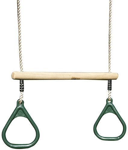 Rebo® Children’s Wooden and Plastic Gymnastic Trapeze Bar Replacement Swing with Kids Gym Rings - Green | Wooden Trapeze Bar | OutdoorToys | 2 Plastic Gym Rings (Width 165mm)