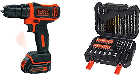 BLACK+DECKER BDCDD12-QW Trapano Avvitatore Compatto, 10.8 V, al Litio, 1.5 Ah, Rosso/Nero + A7188-XJ Set per Forare ed Avvitare, 50 Pezzi