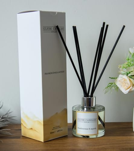 Frankincense & Myrrh Reed Diffuser - Clyde Candles, Luxury Diffuser Oil with a Set of 7 Fibre Sticks, 100ml, Best Aroma Scent for Home, Kitchen, Living Room. Fragrance Diffusers Set with Sticks