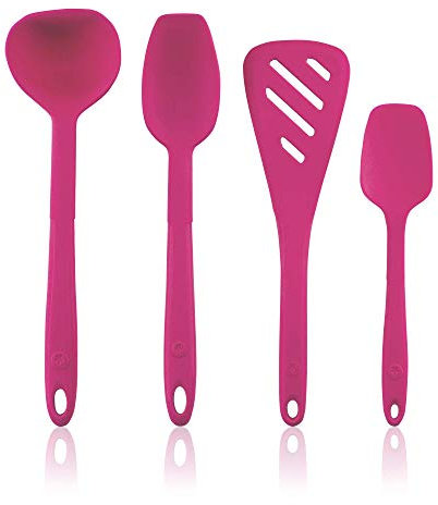 Kochblume Küchenhelfer-Set - Designwender S & Soßenlöffel S & Schöpfkelle S & Flexlöffel S 4er Set | Premium-Silikon | Hitzbeständig | Spülmaschinenfest | Farbe: pink