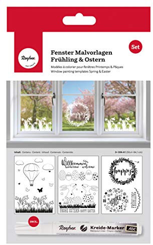 Rayher 70037000 Malvorlagen für Fensterdeko mit Kreidemarker, Fensterbilder zum Malen für Frühling und Ostern, 3 Vorlagen mit Kreidestift, 59,4x84 cm