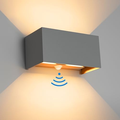 Klighten 24W Aussenlampe Außenwandleuchte mit Bewegungsmelder, IP65,3000K Warmweiß Wandleuchte Außen/Innen, Einstellbarer Lichtstrahl außenlampe mit bewegungsmelder für Flur/Weg, Dunkelgrau